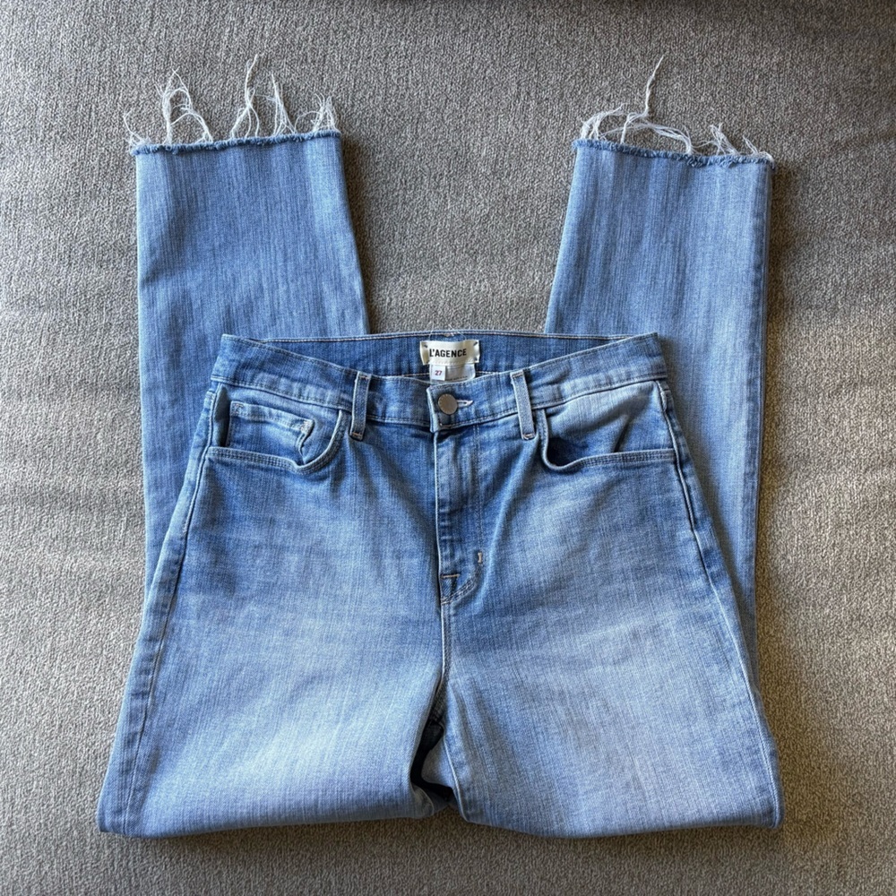L’AGENCE Sada High Rise Cropped Slim Jeans Raw Hem Size 27 Light Wash - Picture 8 of 13